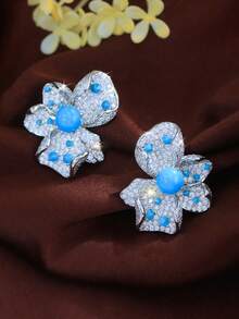 1 Pair Women Boho Silver Plated Blue Turquoise Big Flower Stud Drop Earrings Cubic Zirconia Jewelry Accessories For Brides Bridesmaids Wedding Party Prom - Blue - View 8