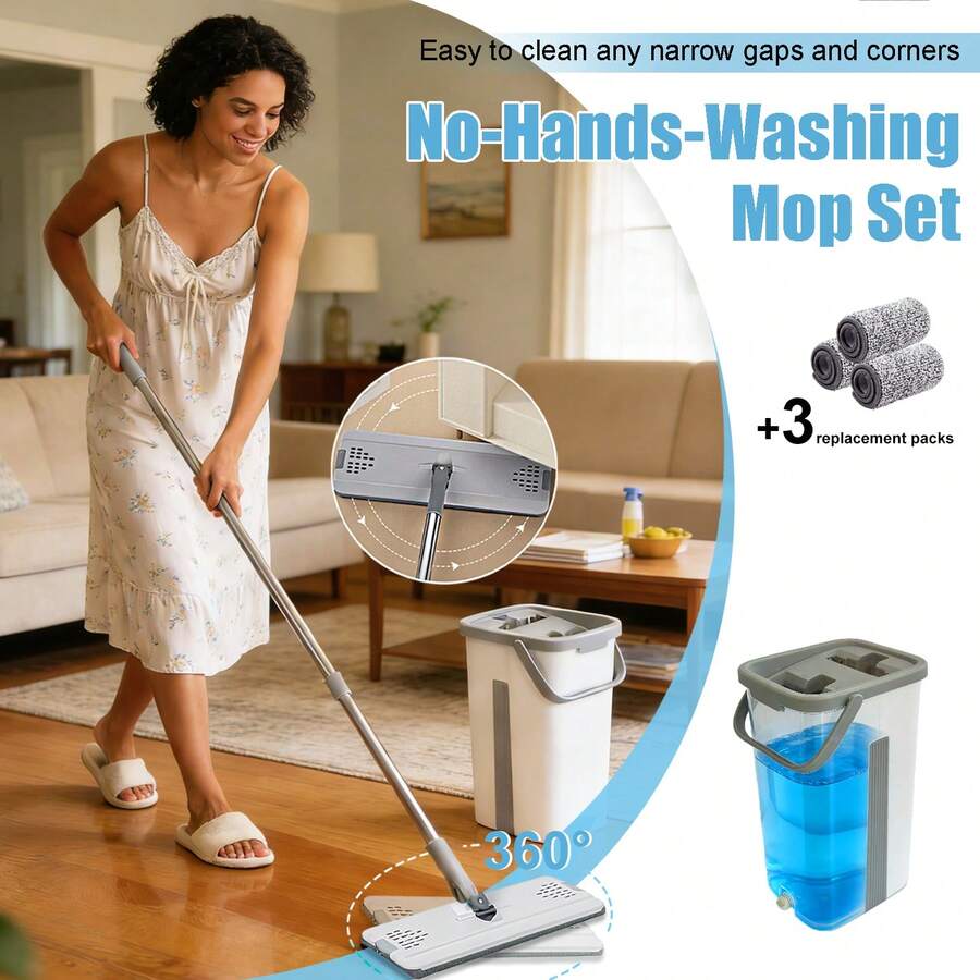 A Versatile Mop Bucket Designed For Both Wet And Dry Cleaning, Complete With A Mop And Three Extra Pads. It Features A 360° Rotating Mop Head, Eliminating The Need For Hand Washing. This Large Mop Is Ideal For Use In Homes, Offices, Hotels - Cây lau nhà thần kỳ - Xem 1