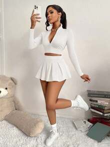 Women's 2-Piece Set, Slimming Top And Girly Style Safety Pants/Skirt, Suitable Sports, Daily Life, Tennis, Casual Elegant Zipper Pleated Design, Autumn/Winter - 白色 - 查看 1