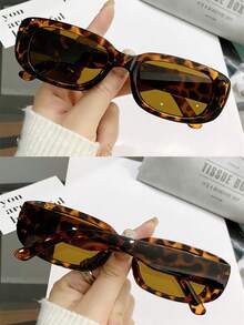 1pc Y2K Style Square Frame Fashion Glasses, Cute Daily Wear Retro Beach Fashion Unisex - Brown - View 5