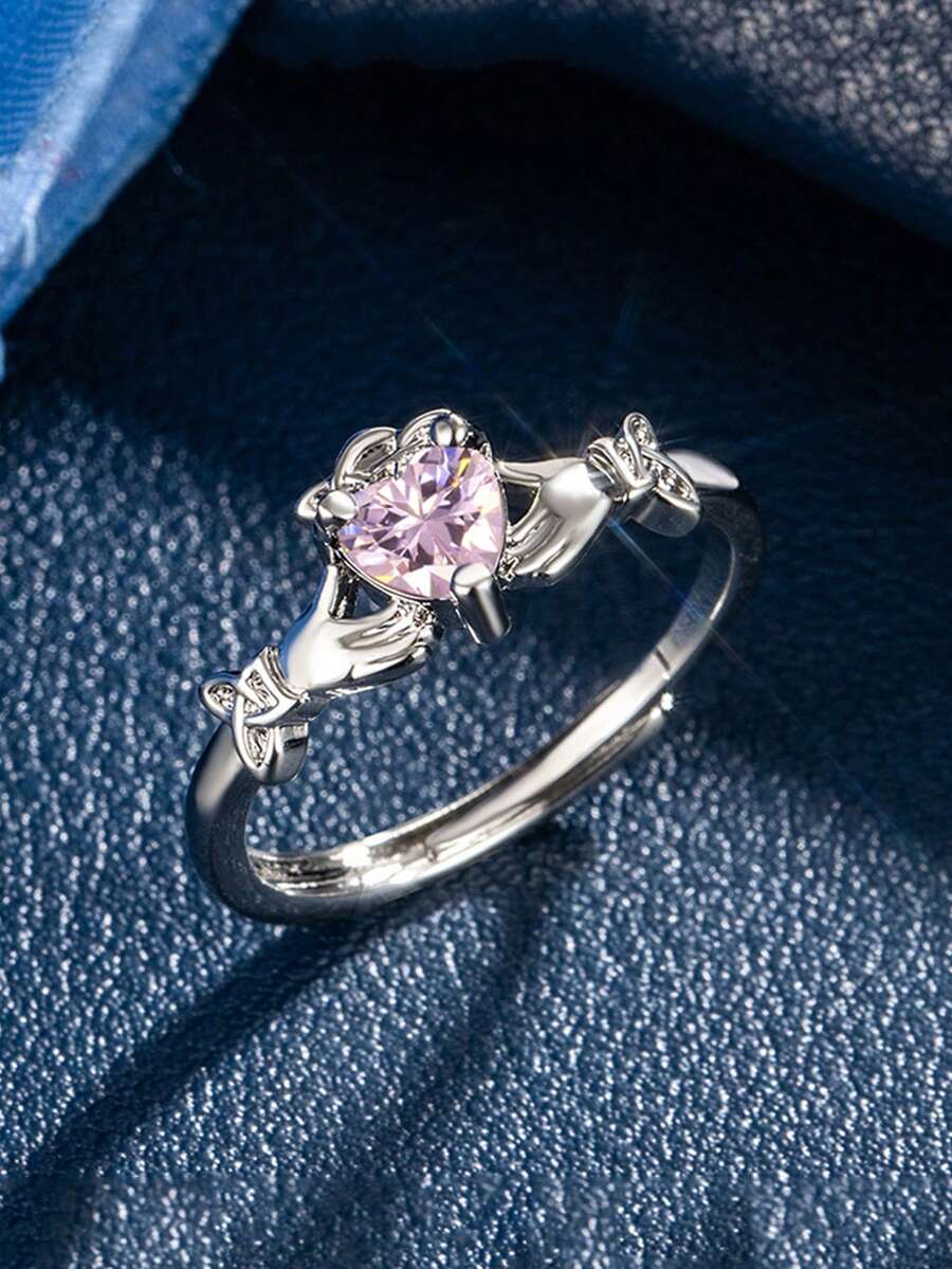 1枚甜美清爽的少女粉色心形戒指，小众钻石戒指，优雅简约时尚个性戒指，女士专属 - 粉色 - 查看 1