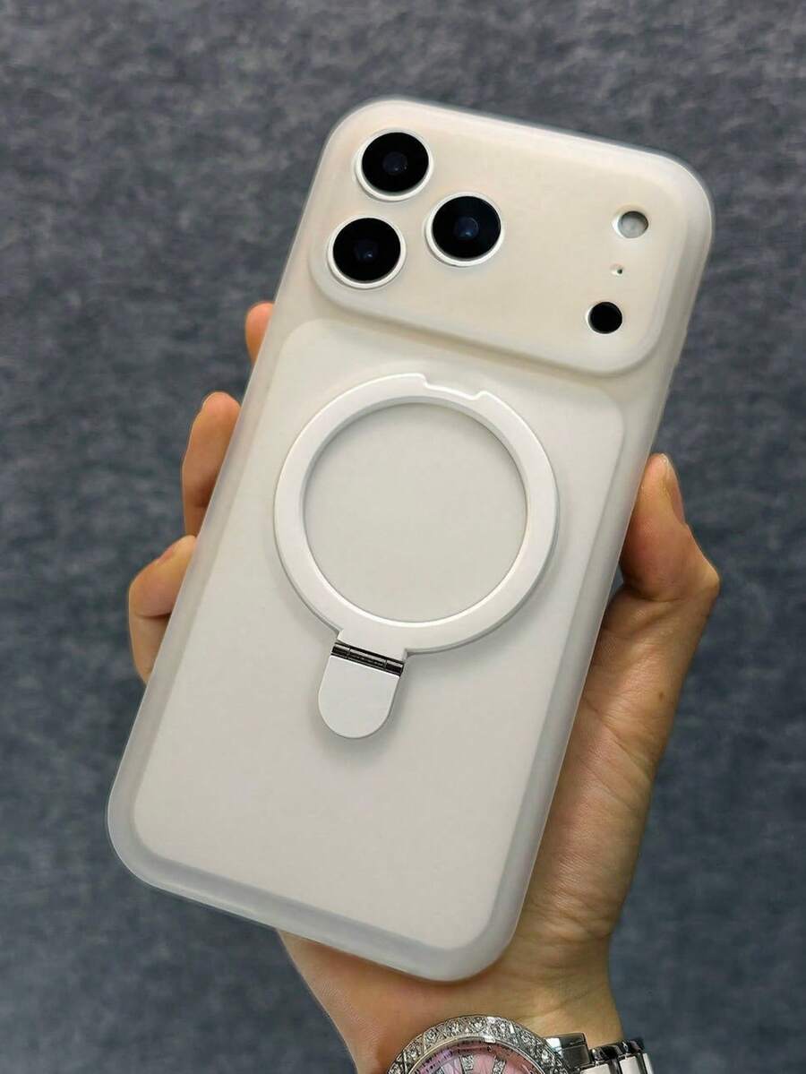 1pc Jelly Matte Clear Skin-Feel Metal Ring Holder Phone Case Compatible With IPhone 17 Pro Max 17 Pro 16 15 Pro Max Soft Silicone Back Cover - White - View 1