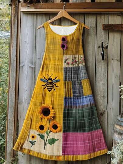 Vestido midi de tirantes para mujer talla grande, vestido línea A con cuello redondo, parches y bordado de girasol