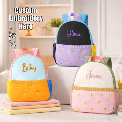 Personalized Color Block Kids Backpack With Apple Embroidery, Custom Name School Bag, Lightweight Student Bookbag With Adjustable Straps, Cute Large Capacity Back To School Backpack For Girls And Boys, Daily School Travel Bag Gift