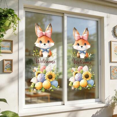 1/4pcsCute Fox Window Decals, Reusable PVC With Static Cling, Featuring The Words "Hello Spring/Welcome," Perfect For Coffee Shops, Kitchens, Home Offices, And Spring Home Decor