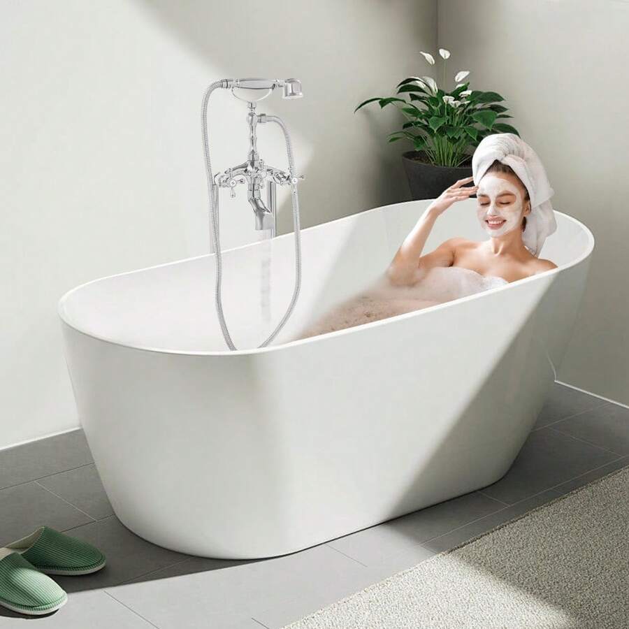 Sweetmile Freestanding Bathtub Faucet Floor Mount Tub Filler With Double Cross Knobs Spout High Flow Floor Standing Bathtub Shower Trumpet Shape Handheld Spray Brushed Nickel - Silver - View 1