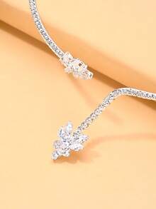 1pc Fashionable Luxury Zirconia Flower Choker Necklace, Women's Elegant High-End Rhinestone Open Collar Jewelry Accessory, Gift - Silver - View 5
