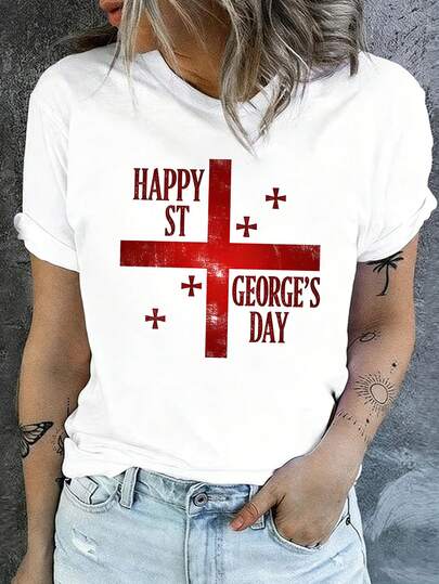 100% Cotton Happy St. George'S Day British Style Printed Women'S Short Sleeve T-Shirt | Perfect Birthday And Holiday Gift, Casual Style, All Seasonr