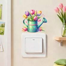 1/2 Pc Creative Tulip Flower Bouquet Switch Sticker, Pastoral Watering Can Wall Sticker, Suitable For Living Room, Bedroom, Bathroom, Kitchen Home Decor, Switch Decorative Sticker - Multicolor - View 3