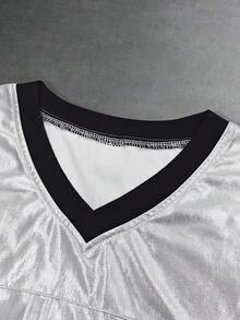 Men's Casual Summer College Style Varsity Jacket With Numeric Print, V-Neck Minimalist Short Sleeve T-Shirt - Silver - View 4