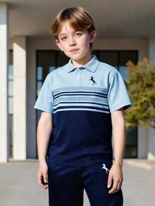 Tween Boy Spring/Summer Short Sleeve & Pants 2-Piece Set, Fashionable Casual Striped Cartoon Horse Print Polo Shirt, Classic Color, Outdoor & Daily Wear - Blue - View 6