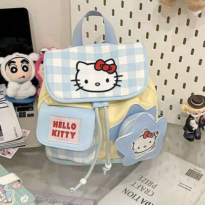 SANRIO New Fashion Large Capacity Blue & White Plaid Patchwork Backpack, Featuring Vibrant Yellow Color Blocking Design. Front Decorated With 3D Embroidered Patch And Prominent Red Bow. Made Of Durable Polyester Fabric With Multi-Functional Interior Compartments.