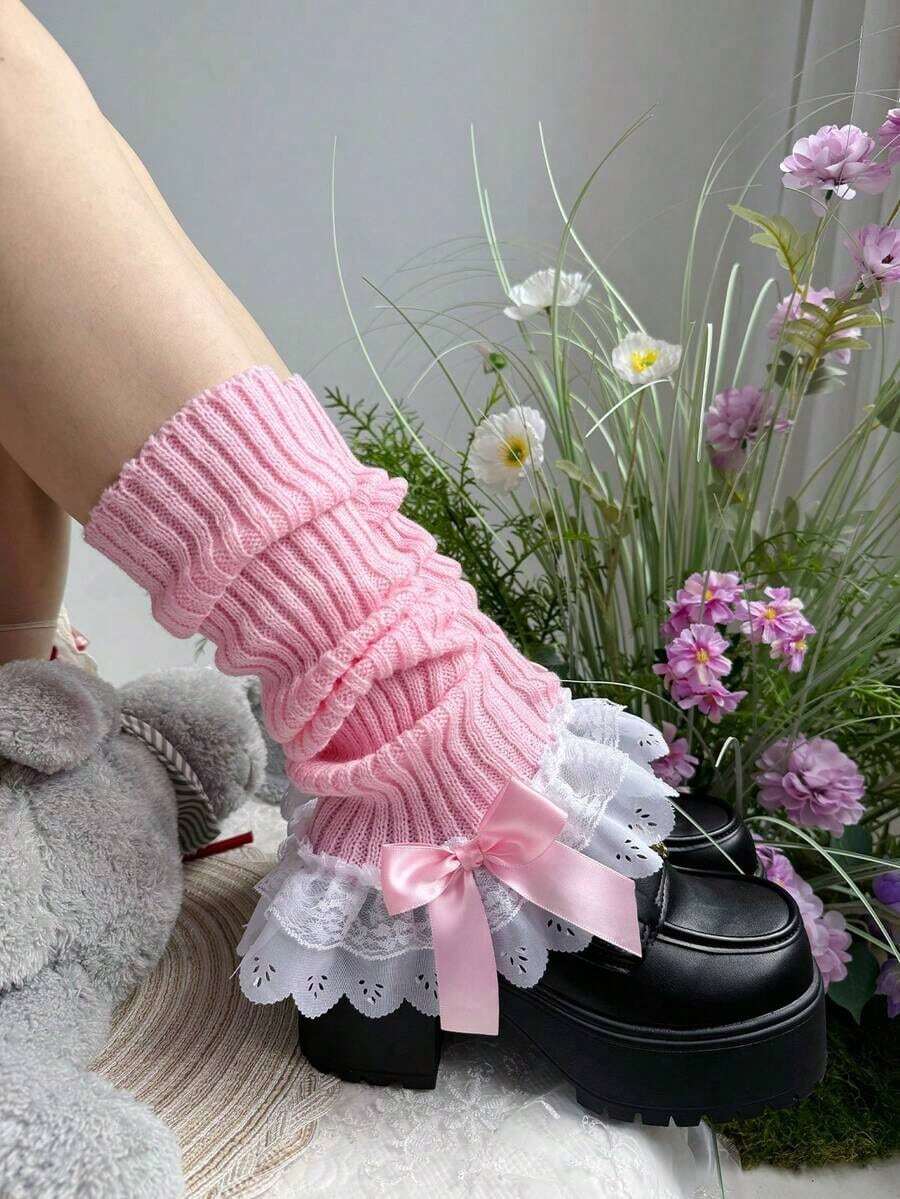1 Pair Women's White Bow Lace Trim Flat Leg Warmers - 亮粉紅色 - 查看 1