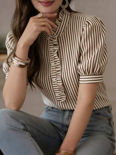 Women's Short Sleeve Striped Mandarin Collar Ruffle Hem Polyester Blouse Summer