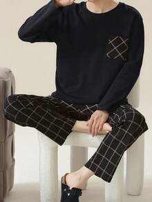 AICJ 男士休闲宽松纯色睡衣两件套，圆领套头衫搭配格子长裤，轻薄睡衣，适合情人节和新年礼物，秋冬季服装 - 黑色 - 查看 5