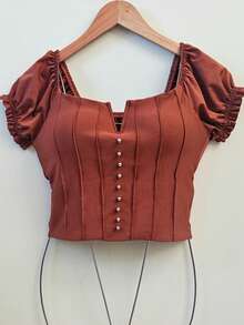 Blusa cropped com almofada no peito - Caramelo - Visão 3