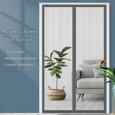 1件夏季磁性纱门，时尚玻璃纤维网灰色防蚊透气纱门，无需钻孔，柔软网状门帘，耐用防猫抓狗咬，适用于多种场景，多种尺寸可选
