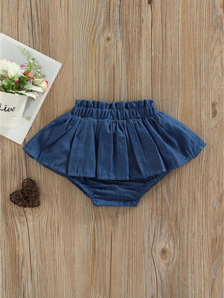 Pantalones cortos de mezclilla para niñas, con cintura elástica y plisados, skorts sólidos de verano para uso casual diario - dril - Ver 1