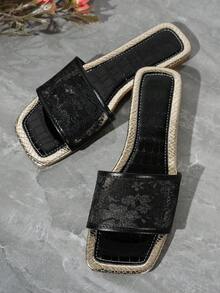 Women's Colorblock Lace & Mesh Flat Slide Sandals, Open Toe One-Strap Casual Beach Slippers For Summer Outdoor, Party & Daily Wear - Black Lace - View 5