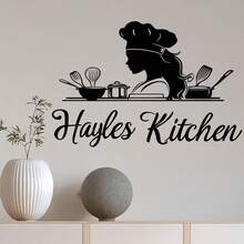 1pc "Hayles Kitchen" Decorative Kitchen Sticker. The Main Body Is A Silhouette Of A Woman Wearing A Chef's Hat, Surrounded By Kitchen Utensils Such As A Frying Pan, Whisk, And Spatula. The Overall Style Is Simple Yet Full Of A Homely Cooking Atmosphere, Used To Beautify The Kitchen Environment And Create A Warm Culinary Ambiance. - one-size - View 1
