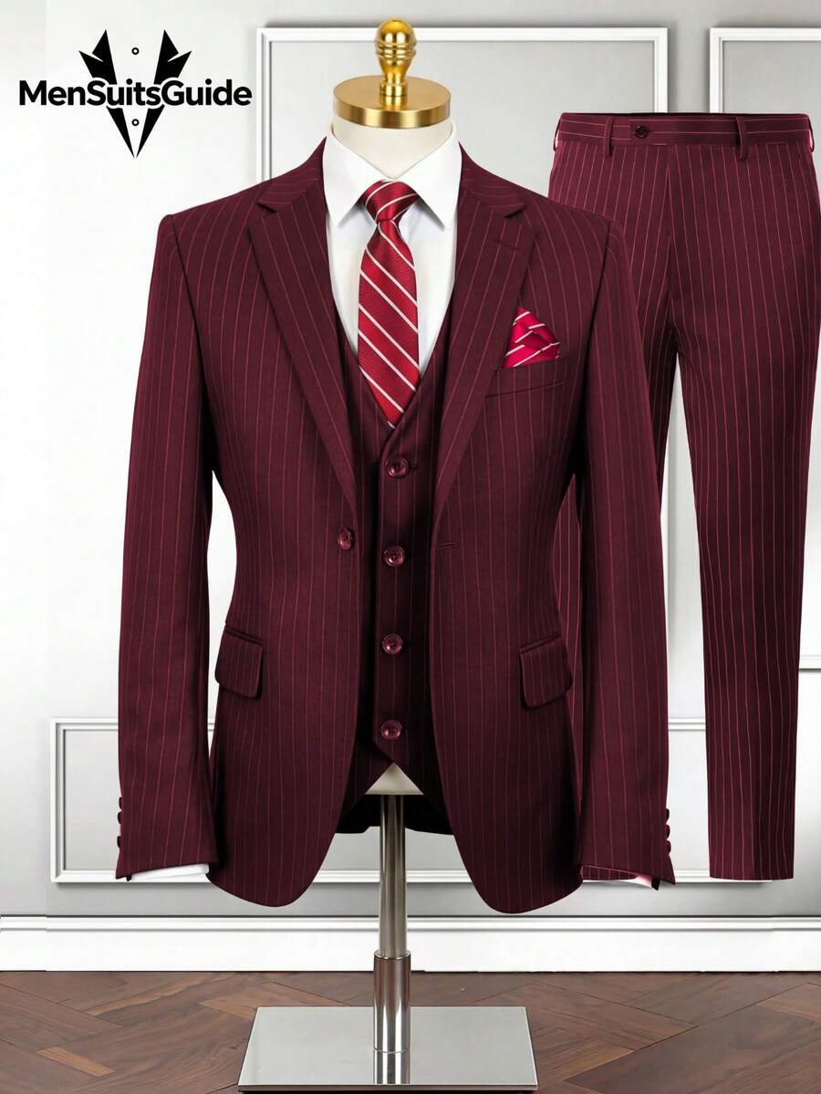 Men's Slim Fit Suits Tuxedos Double Breasted Multicolor Blazer Vest And Pants With Tie  Brooch And Pocket Square, Prom Suits For Men Wedding Grooms - Màu Đỏ Sâu - Xem 1