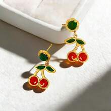 优雅樱桃耳环，时尚百搭的奢华耳环 - 金色 - 查看 3