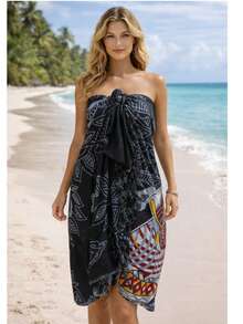 Beach Cover-Up Printed Viscose Sarong Vacation Pool Hiking Beachfront Blogger - Black - View 1