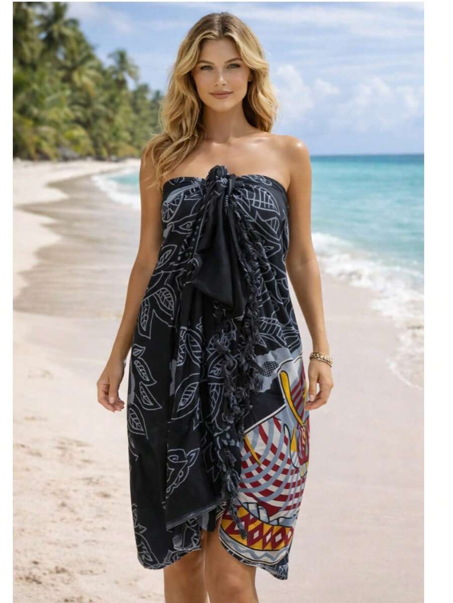 Beach Cover-Up Printed Viscose Sarong Vacation Pool Hiking Beachfront Blogger - Black - View 1