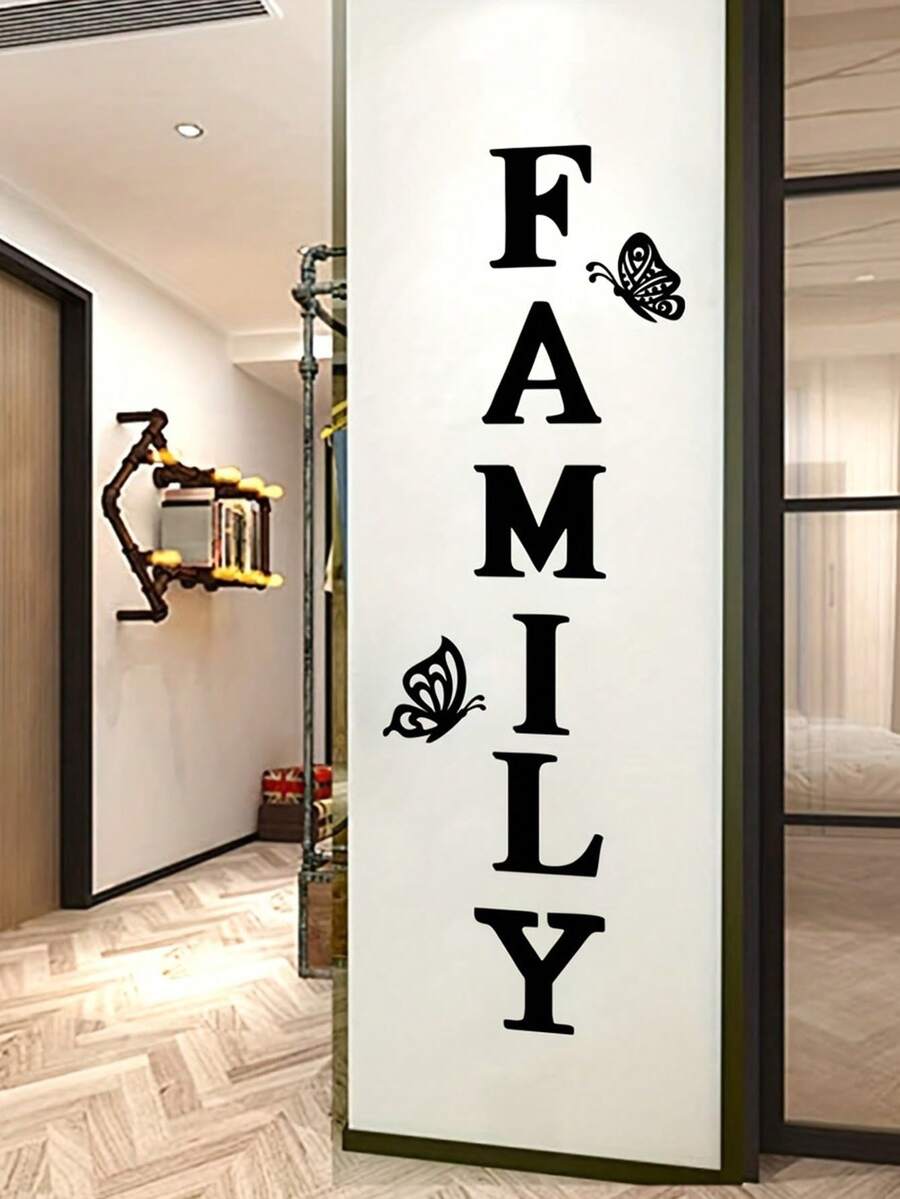 1pc Elegant "Family" Butterfly Wall Sticker - Self-Adhesive, Removable PVC Art, Suitable For Living Room And Bedroom Decor, Modern Minimalist Style With Letter Print Design, Butterfly Decoration - Black - View 1
