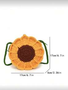 New Stylish And Versatile Yellow Small Sunflower Material Pack, Single-Shoulder Fresh And Cute Small Bag, New Sweet Girl Crossbody Handmade Woven Bag, Available In Multiple Colors, Small Sunflower Round Bag With Uneven Texture, Pearl Button Closure, Hollow Woven Design, Top Single Green Shoulder Strap, Cute Style, Can Be Worn As Single-Shoulder, Crossbody, Or Handbag, Suitable For Girls Going Out, Playing, Shopping, Etc. - Yellow - View 7
