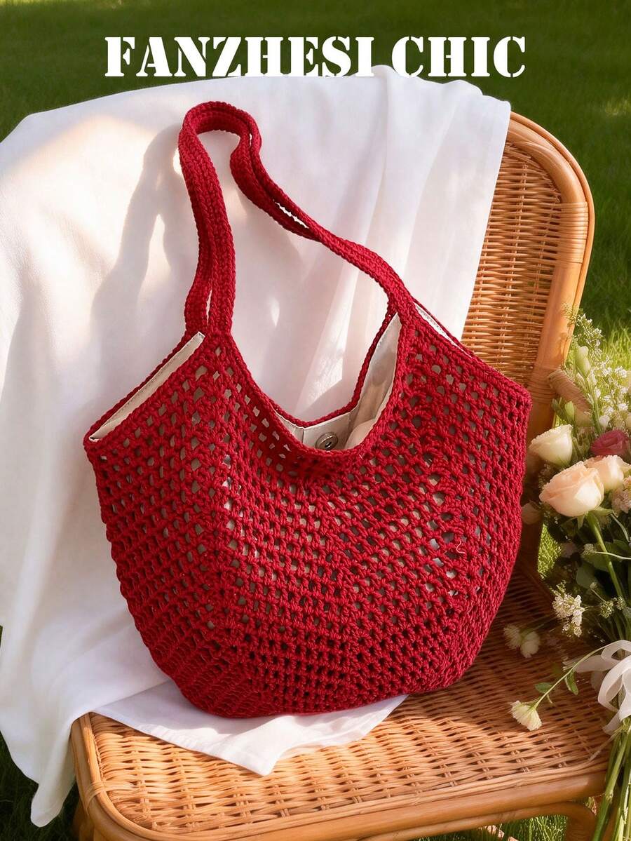 Crochet Mesh Bag, Women's Beach Bag, Hand-Woven Hollow Shoulder Tote, Large New High-Appearance Women's Solid Color Red Magnetic Buckle Tote Bag, Single Shoulder Bag, Handbag, Large Crescent-Shaped Hollow Design, Top Double Handles, Can Be Worn On One Shoulder Or Carried By Hand, Suitable For Women For Commuting, Going Out, Shopping, Traveling, Business Trips, Daily Commute, And Vacation Outings. - Red - View 1