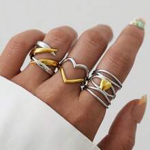 Uself 3pcs/1pc 18K Gold Plated 304 Stainless Steel Dual-Tone Heart Twist Rings Set, Polished Intertwined Open Rings, Daily, Party, Holiday Gift For Women - Multicolor - View 10