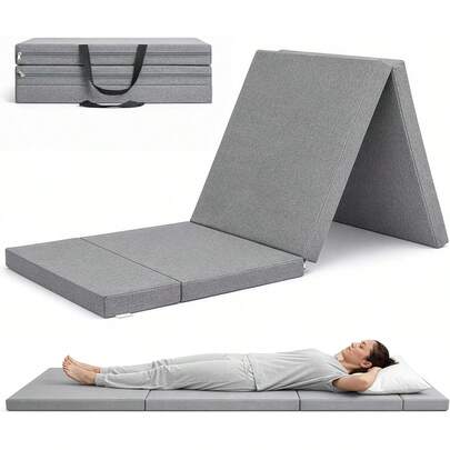 Tri Folding Mattress Bed Single Portable Foam Sleeping Floor Mat With Carry Handles Removable Zip Cover For Guest Bed Floor Seating Reading Yoga Grey