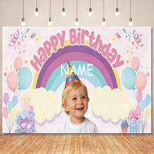 Customizable Pink Balloon "Happy Birthday" Background With Name And Photo; Colorful Ribbons, Rainbow Birthday Cake And Gift Box Decor Pattern; Personalized Birthday Party Background, Photography Banner And Vinyl Backdrop - Light Pinkish Purple - View 2