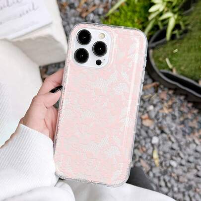 1个粉色蕾丝图案气垫透明TPU手机壳，适用于，防滑防摔，兼容苹果17/Air/17Pro/17ProMax/16/15/14/13/12/11/Xs/Xr/7/8等型号，是送给朋友的绝佳礼物。