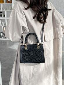 2026新款迷你压纹结构手提包，女士专用，优质PU皮革单肩包，饰有精致压纹图案和编织顶部提手，多功能双提手（顶部提手和可拆卸斜挎肩带） - 彩色 - 查看 8