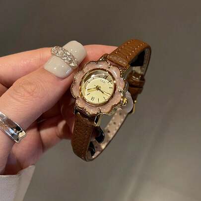 1 pezzo Orologio da polso floreale CILOA, stile delicato e gentile, cinturino in pelle marrone + quadrante con numeri romani, adatto per campus, pendolarismo, appuntamenti