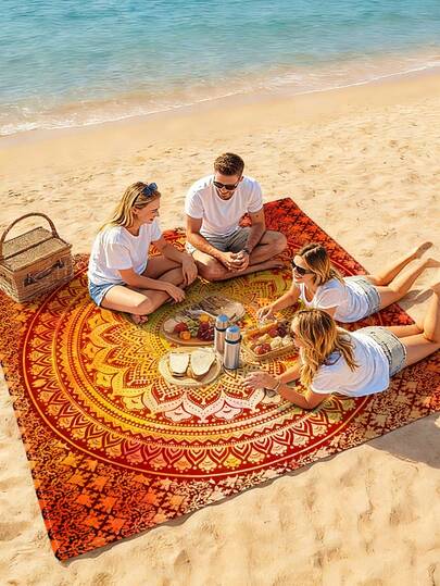 1 pieza Nueva Esterilla de picnic/Toalla de playa impresa digitalmente, a prueba de agua y arena, con un patrón de moda y fresco, adecuada para acampar al aire libre y picnics, utilizable durante todo el año (peso de la tela 100g)
