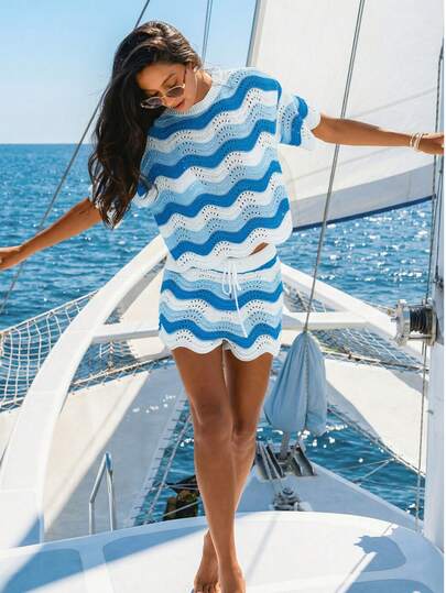 Conjunto de top corto holgado casual con rayas onduladas de color contrastante + pantalones ajustados con cordón en la cintura, conjunto de ropa de playa