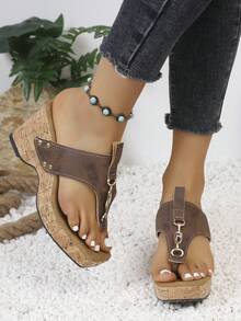 2026新款女士坡跟人字拖，舒适轻便，人字拖设计，适合日常休闲穿着，优雅女士鞋履 - 咖啡棕 - 查看 6