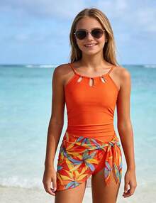 Girls One Piece Swimsuit With Mesh Cover Ups Adjustable Straps Cut Out Swimwear Bathing Suit Size 7-16 - 橘色 - 查看 3