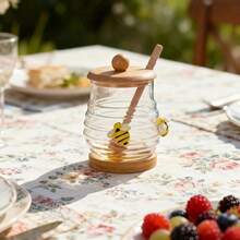 1pc 10/14/17oz Glass Honey Jar With Bee Pattern, Transparent Honey Storage Container With 1 Wooden Stirrer, 1 Wooden Lid And 1 Wooden Base, Suitable For Syrup Storage, Home, Wedding, Party, Kitchen - View 8