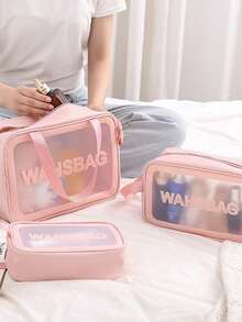 1pc PVC Transparent Large Capacity Cosmetic Bag, PU Waterproof Portable Toiletry Bag, Women's Handheld Travel Organizer, Pink - Pink - View 3
