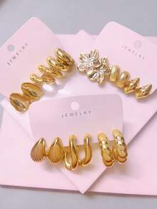 9 Pairs Luxury Gold Earrings (Outshine At Easter), 3D Floral + Shell Texture + Twisted Hoops, Perfect For Easter Dates, Commuting, Parties - Instantly Become The Focal Point! - Gold - View 2