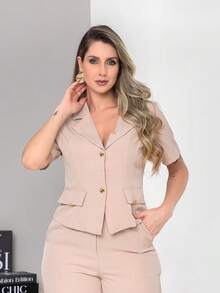 New Tailored Blouse And Wide-Leg Trousers Set With Working Buttons C6606 - Beis - Ver 5