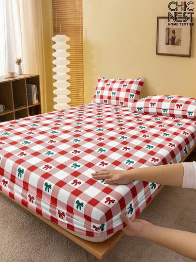 1pc Fashion Red & White Plaid Bow Pattern Fitted Bedsheet, Dust Cover, Valentine's Day Bedspread, Suitable For All Bed Sizes - Double, Full, Queen, Standard, Soft & Breathable, Fits Up To 11.8" Mattress Depth