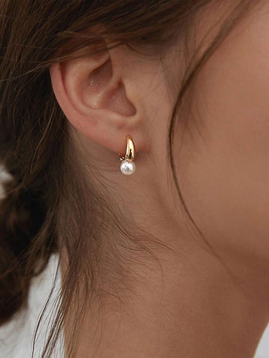 2 件优雅简约仿珍珠金色环状耳环女士 - 金黃色 - 查看 1