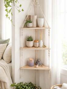 1Pc/2pcs Bohemian Style Hand Woven White Rope Beige Hanging Suspended Shelf Decoration Display Storage And Organizing Rack, Easy To Install, Universal In All Seasons, Simple Style Corner Rack - Suitable For Bedrooms, Bathrooms, Offices, Living Rooms - Suitable For Home Decoration, Room Decoration, Wall Decoration, Birthday And Graduation Gifts(Random Delivery Of Styles) - Multicolor - View 4