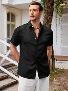 Mens Short Sleeve Linen Shirts Button Down Casual Summer Beach Tops For Daily Commute - Black - View 3