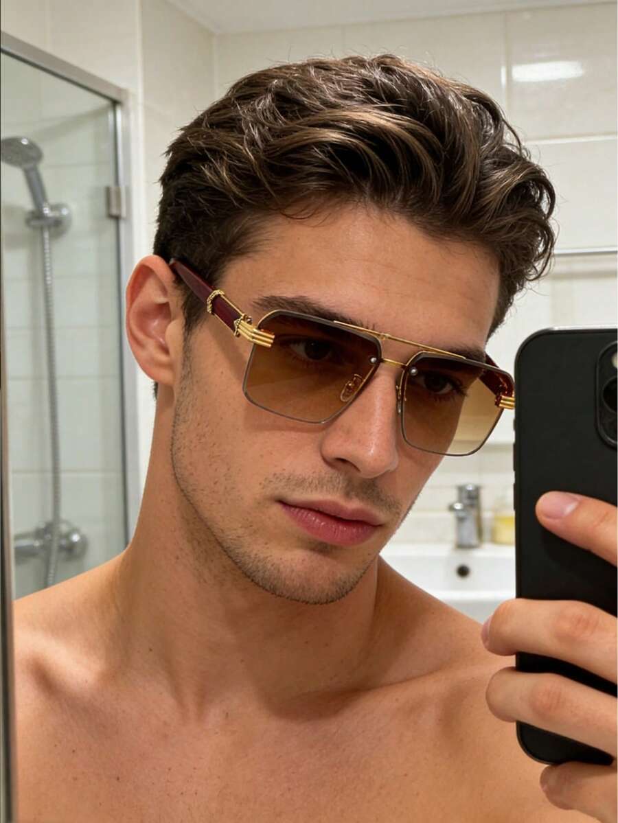 一副男士金红色飞行员太阳镜，金属材质，UV400 防晒，轻奢商务风格，适合商务场合 - 彩色 - 查看 1